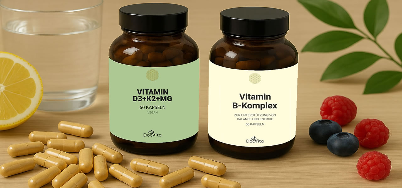 Vitamine in Kapseln und zwei Produktgläser mit verschiedenen Früchten auf dem Bild