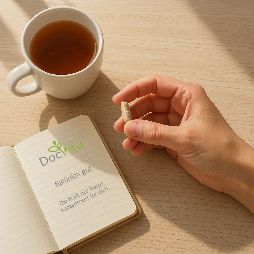 Hand hält eine pflanzliche Kapsel neben einer Tasse Tee und einem Notizbuch mit dem Logo „DocVita“ und dem Slogan „Natürlich gut – Die Kraft der Natur, konzentriert für dich.