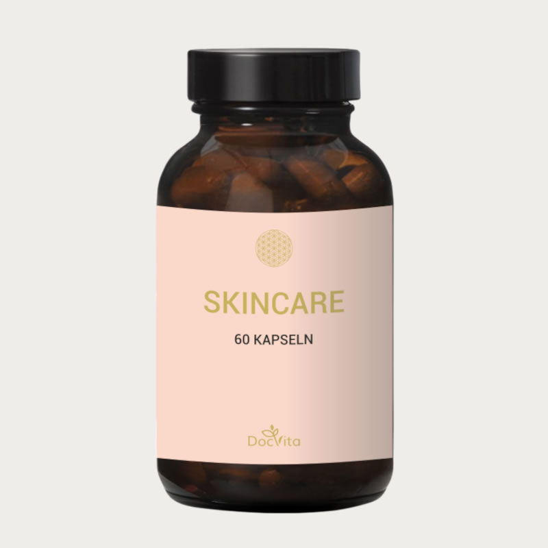 Braunglasflasche mit Etikett der Marke DocVita, enthält „SKINCARE“, 60 vegane Kapseln.